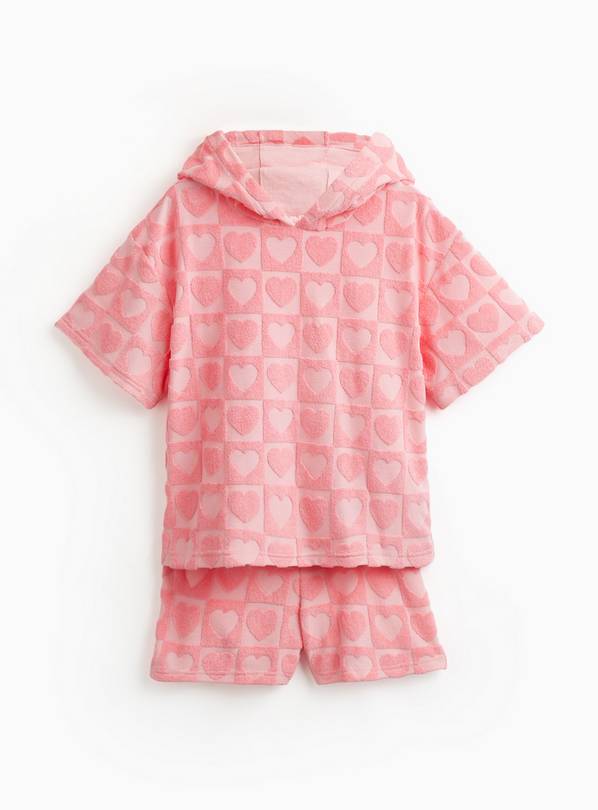Pink Heart Print Poncho Hooded Towel & Shorts Set 5-6 years
