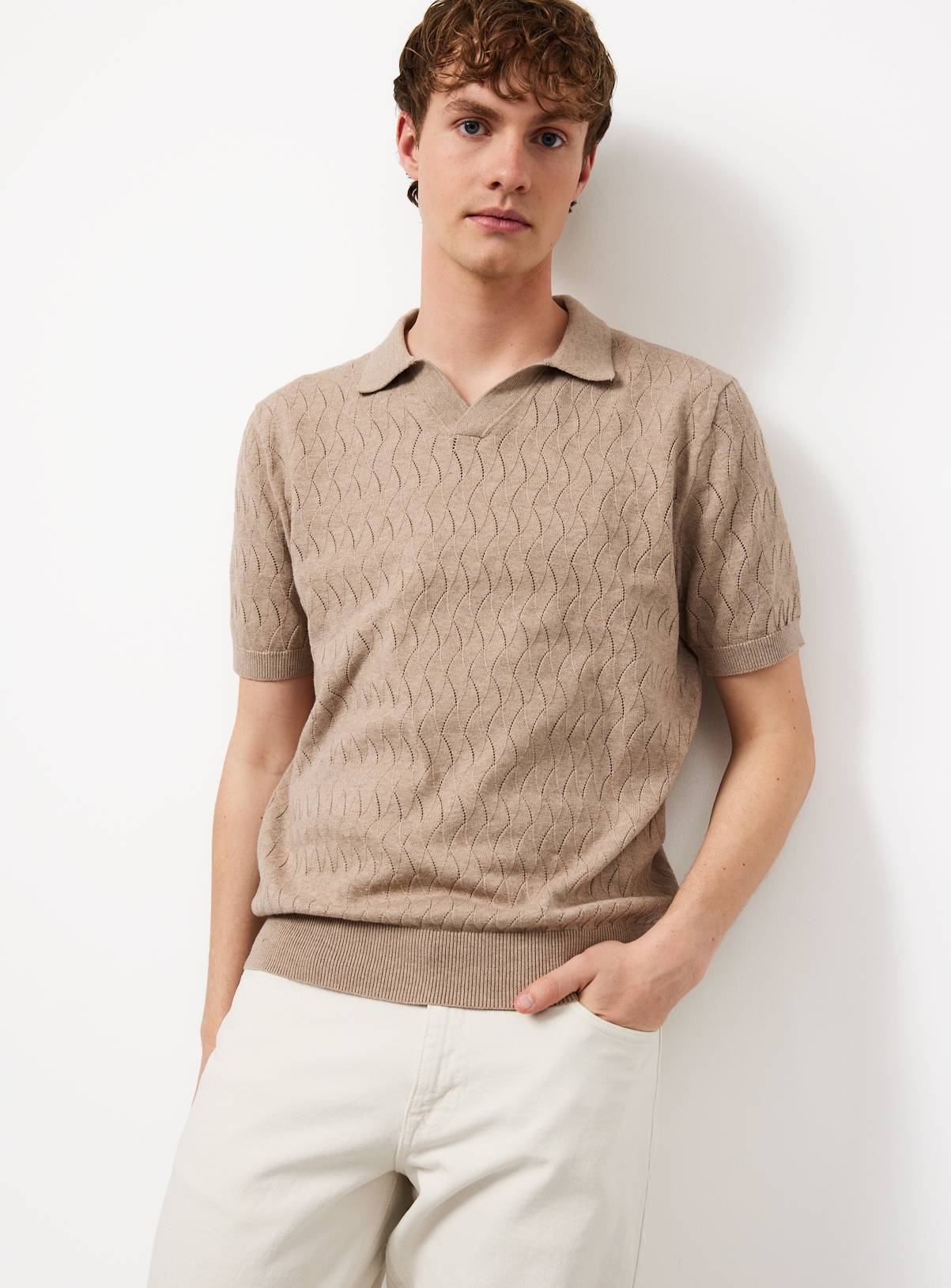 Stone Textured Pointelle Revere Neck Polo Shirt XXXL - Image 1