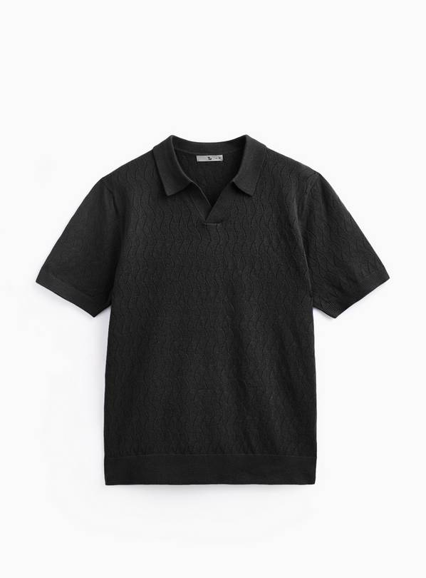 Black Textured Pointelle Revere Neck Polo Shirt XXL