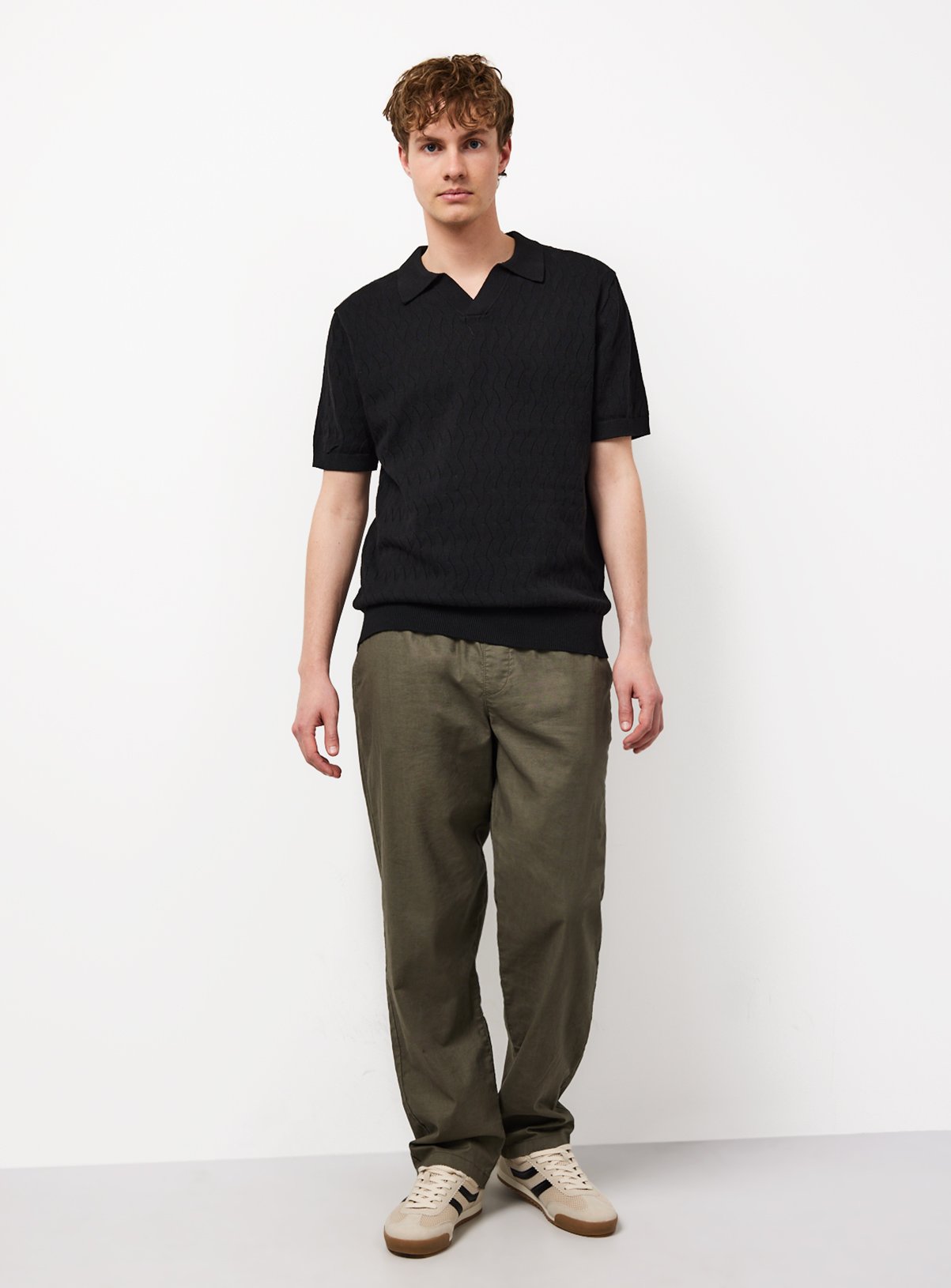 Black Textured Pointelle Revere Neck Polo Shirt L - Image 2 thumbnail