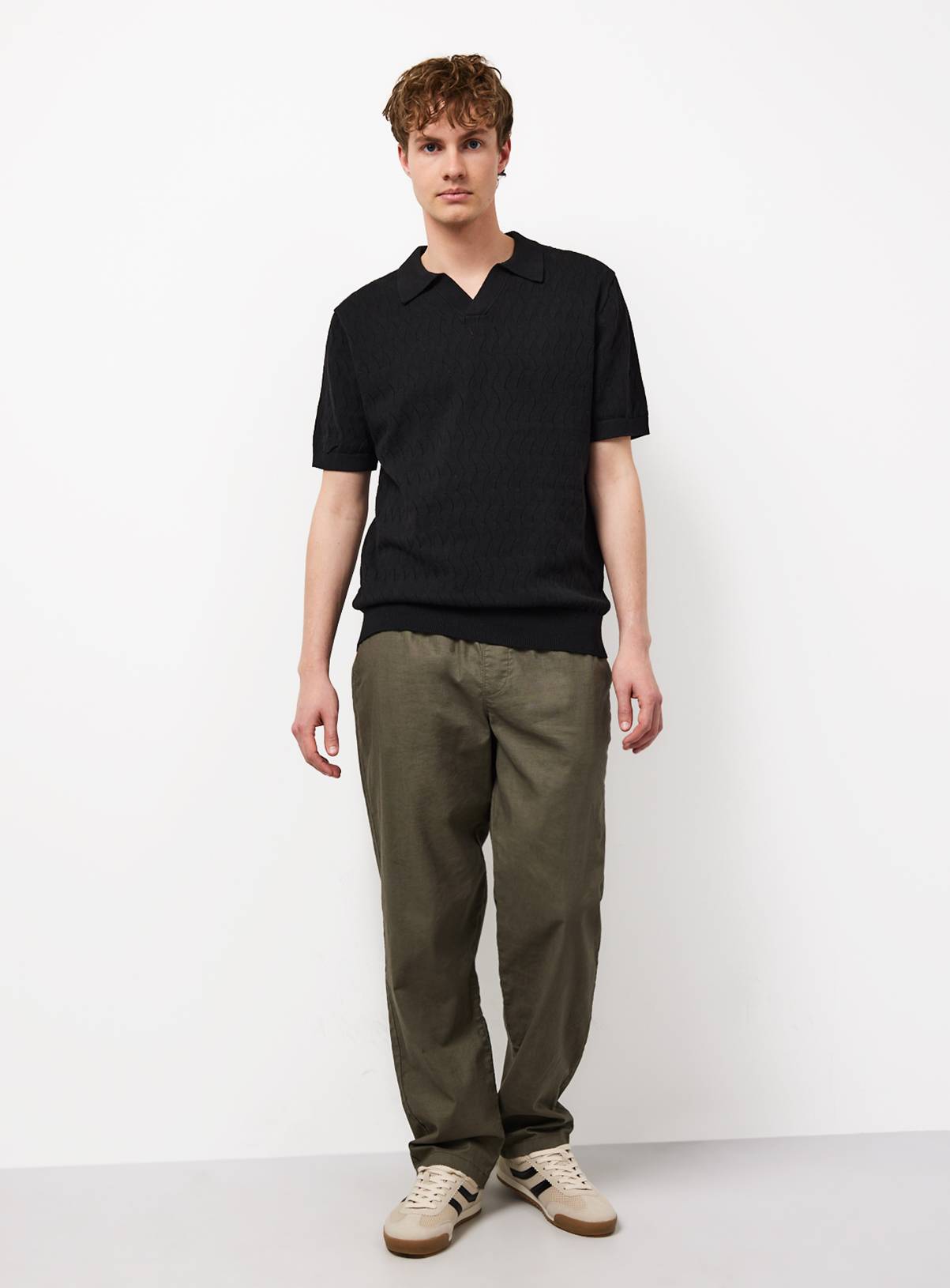 Black Textured Pointelle Revere Neck Polo Shirt L - Image 2