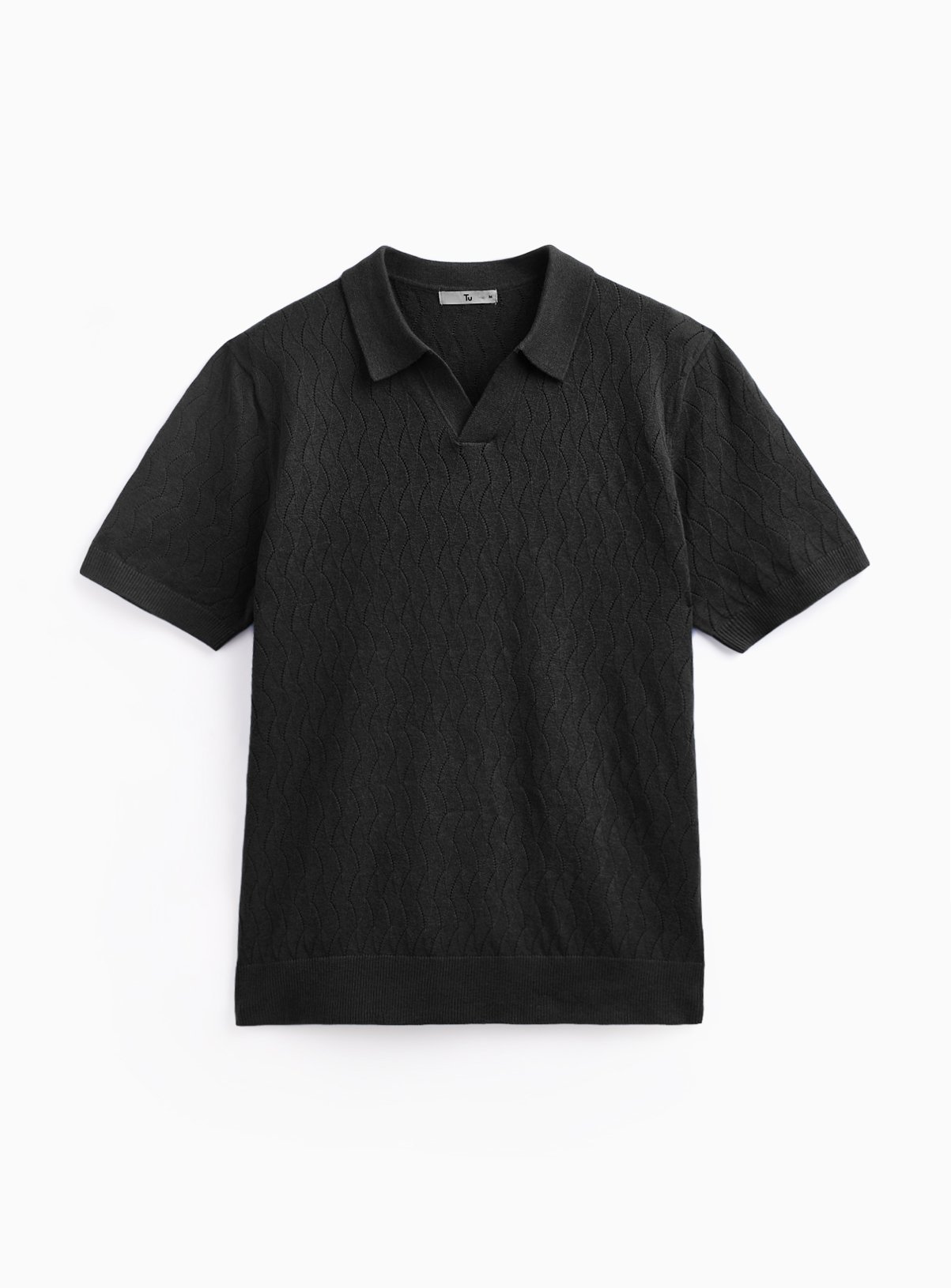 Black Textured Pointelle Revere Neck Polo Shirt L - Image 3 thumbnail