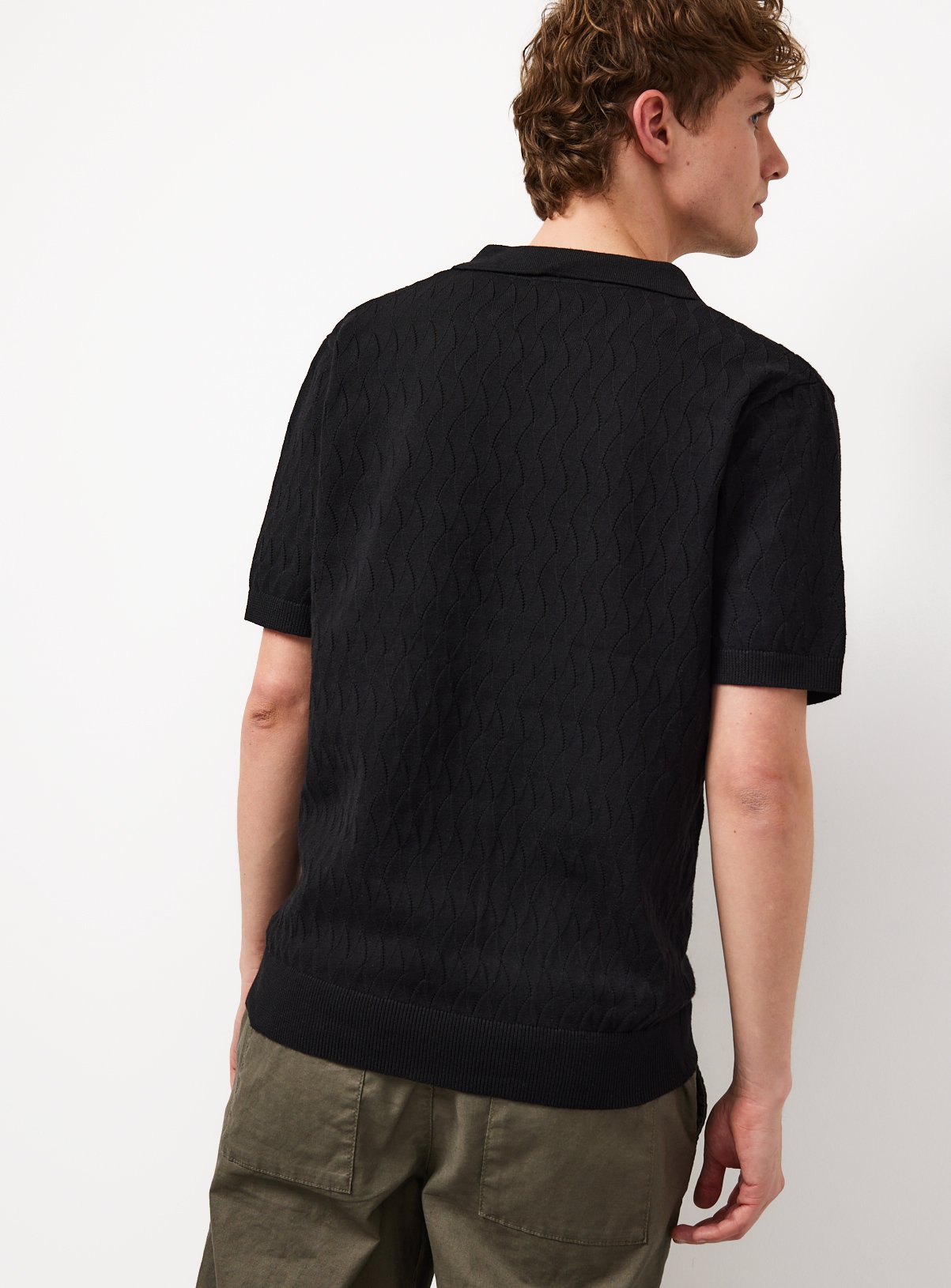 Black Textured Pointelle Revere Neck Polo Shirt L - Image 5 thumbnail