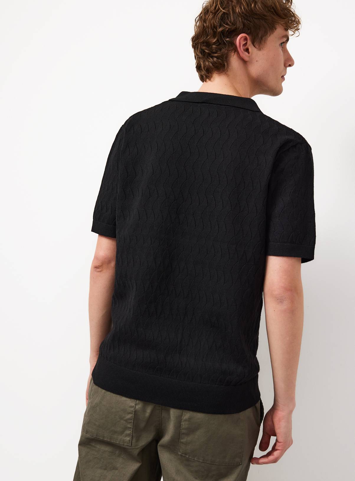 Black Textured Pointelle Revere Neck Polo Shirt L - Image 5
