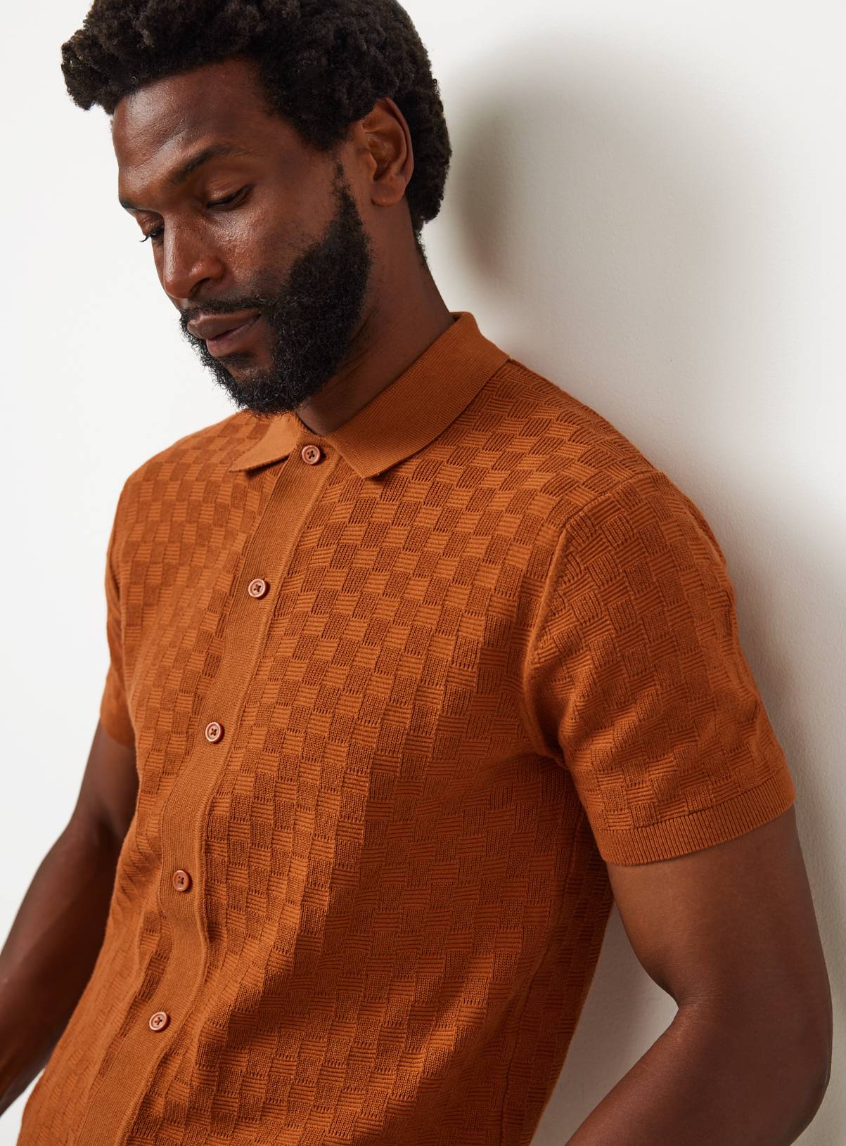 Brown Textured Box Stitch Button Through Polo XXL - Image 2