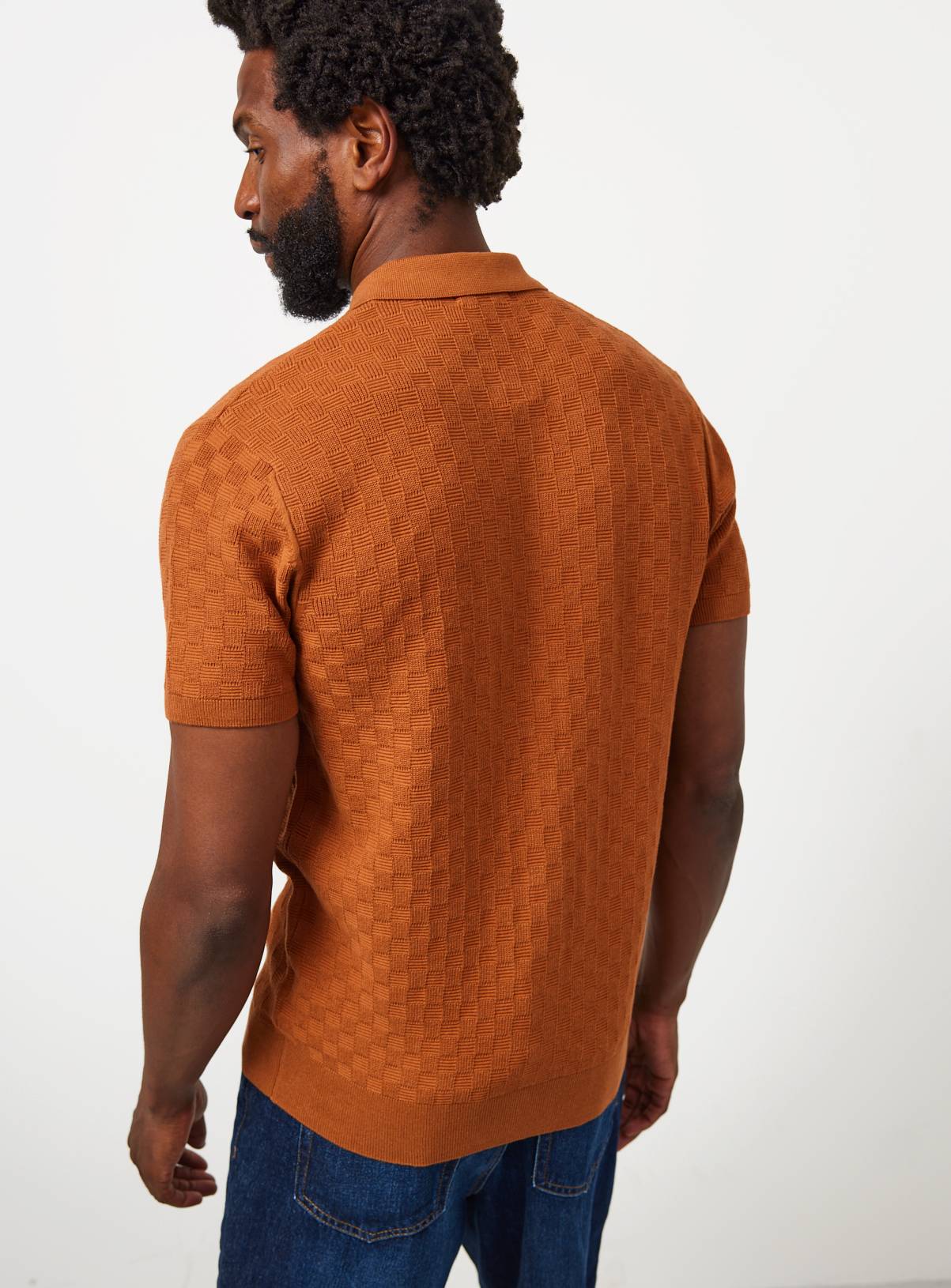 Brown Textured Box Stitch Button Through Polo XXL - Image 5