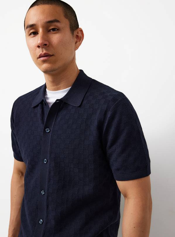 Navy Textured Box Stitch Button Through Polo XXXXL