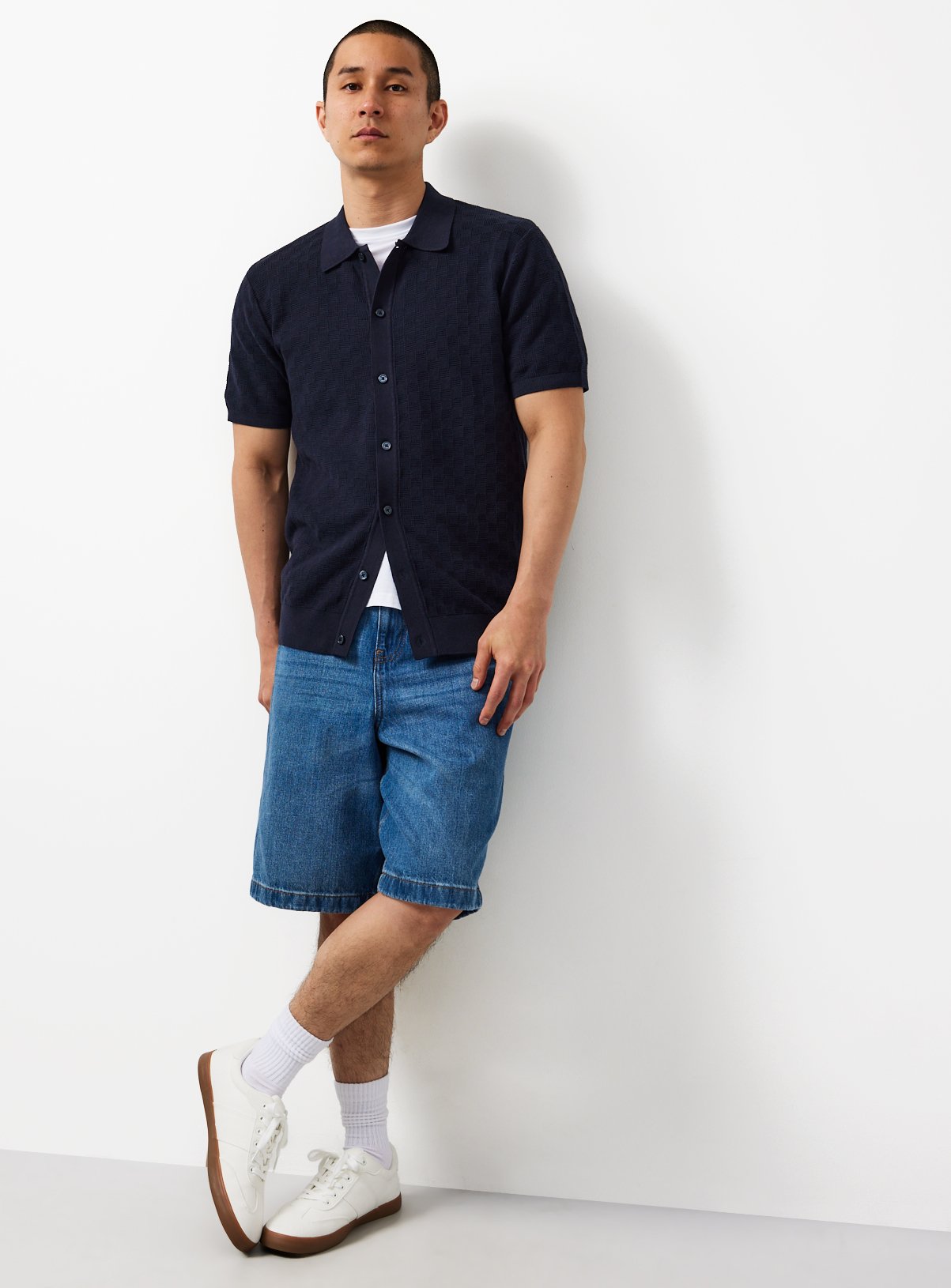 Navy Textured Box Stitch Button Through Polo M - Image 2 thumbnail