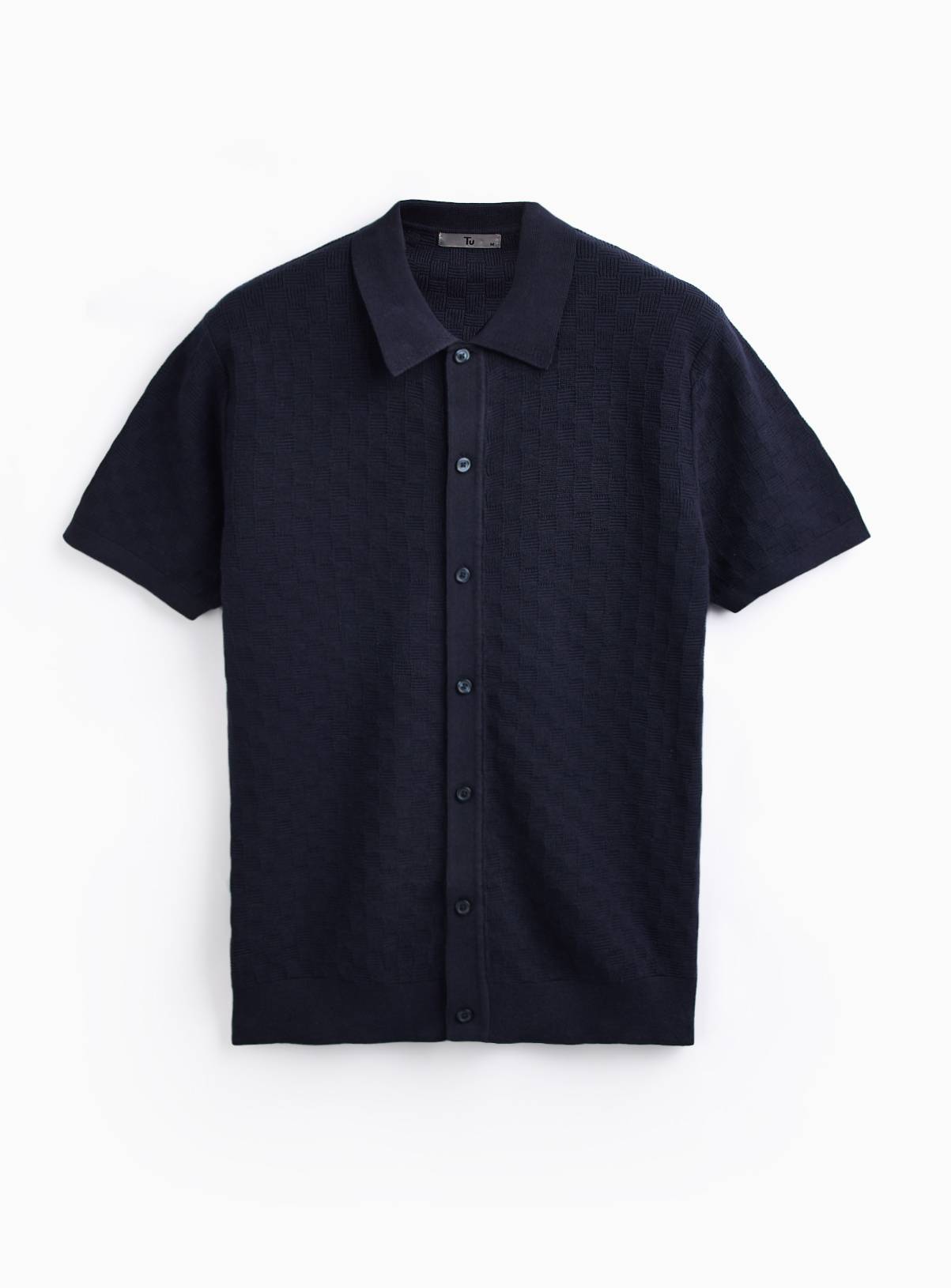 Navy Textured Box Stitch Button Through Polo M - Image 3