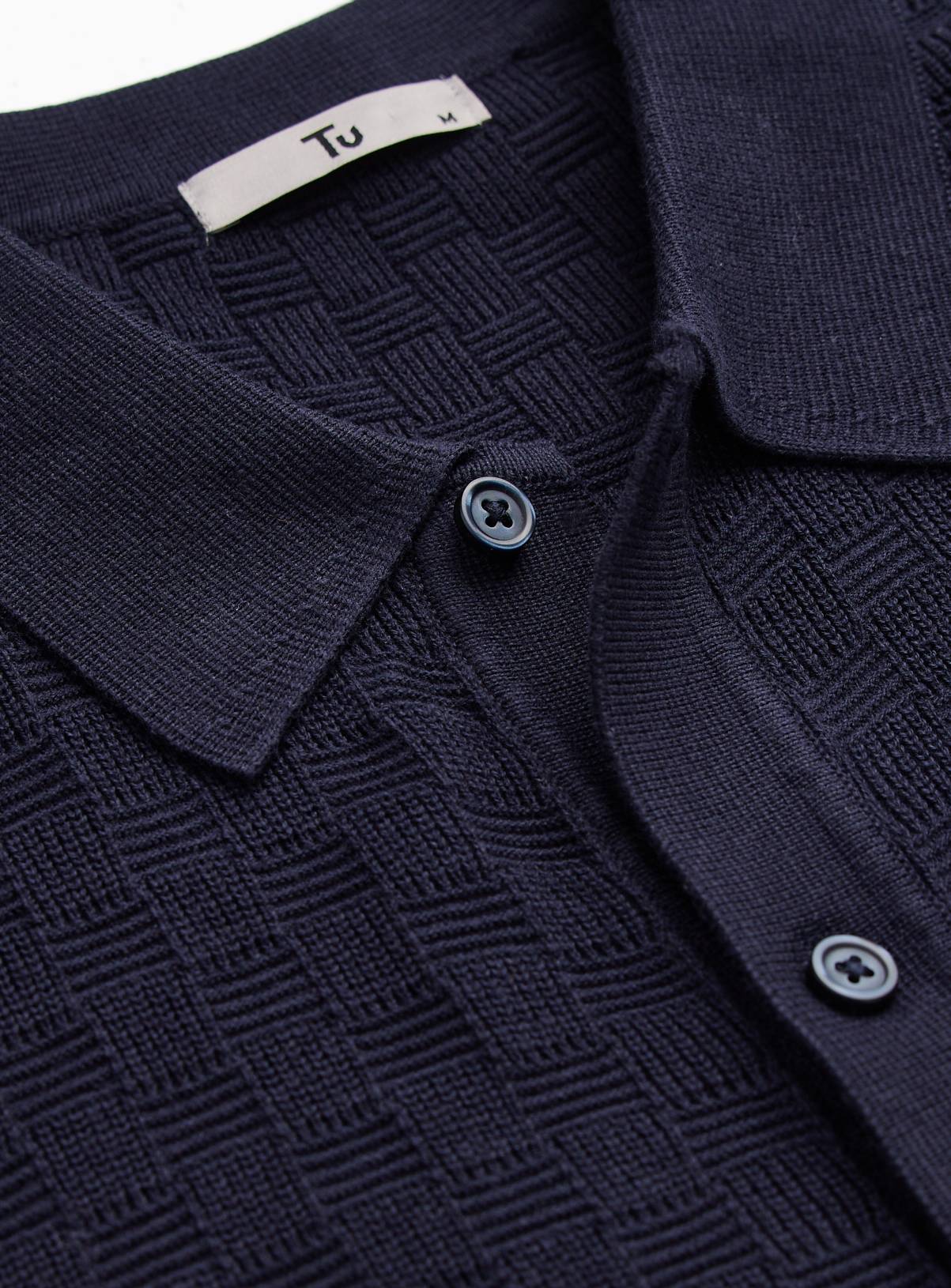 Navy Textured Box Stitch Button Through Polo M - Image 4
