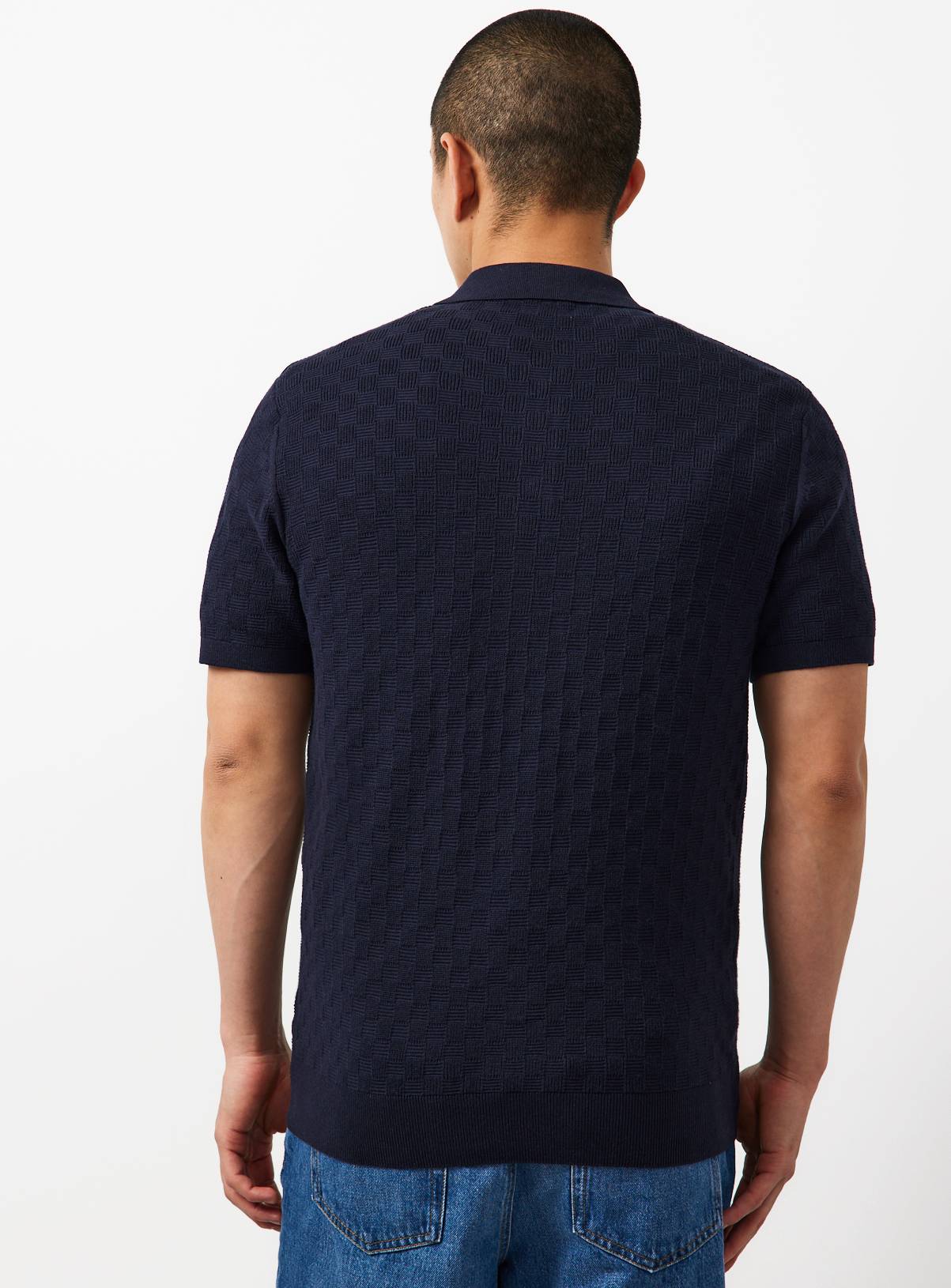 Navy Textured Box Stitch Button Through Polo M - Image 5