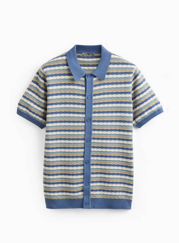 Navy Textured Wavy Stitch Button Through Polo XXL