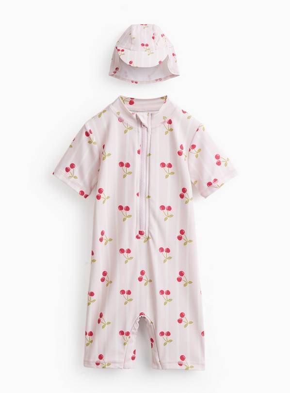 Pink Cherry Print Sun Suit & Keppie Hat Set Up to 3 mths