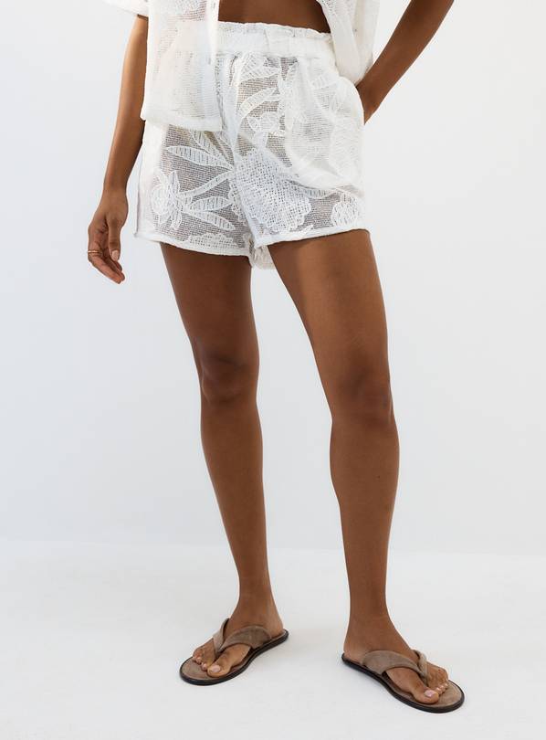 White Floral Embroidered Mesh Cover Up Co-ord Shorts XL