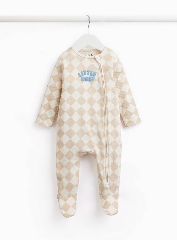 Natural Checkerboard Little Bro Print Sleepsuit Newborn