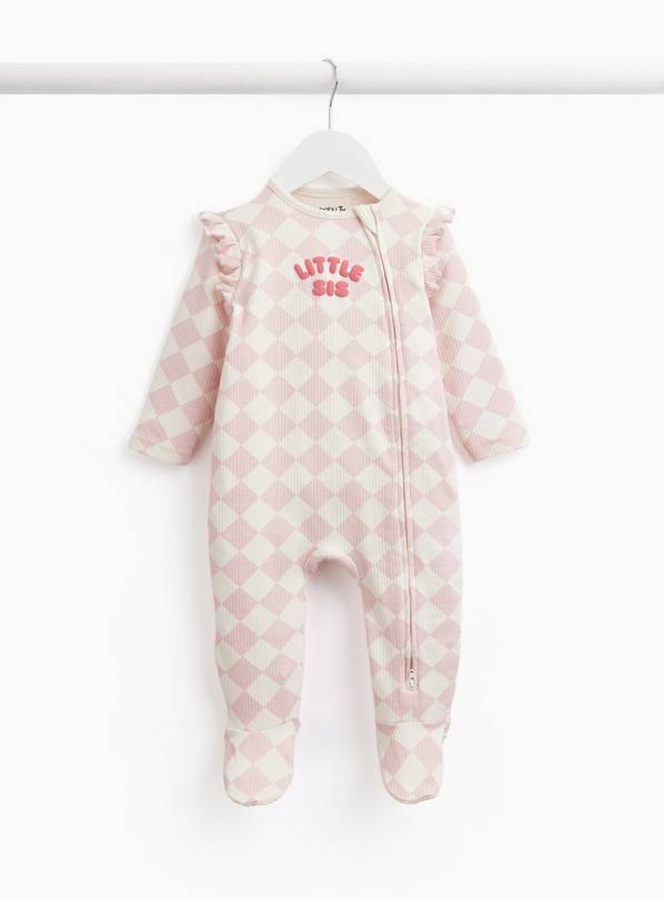Pink Checkerboard Little Sis Print Ribbed Sleepsuit Up to 1 mth