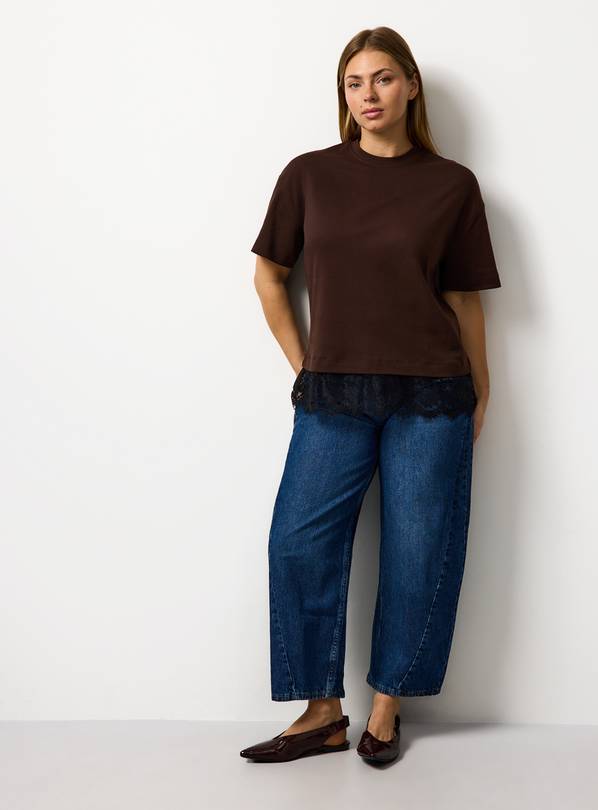 Brown Oversized Lace Hem Short Sleeve Top XS