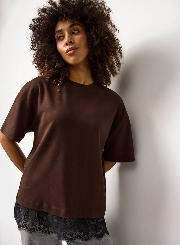 Brown Oversized Lace Hem Short Sleeve Top XXL