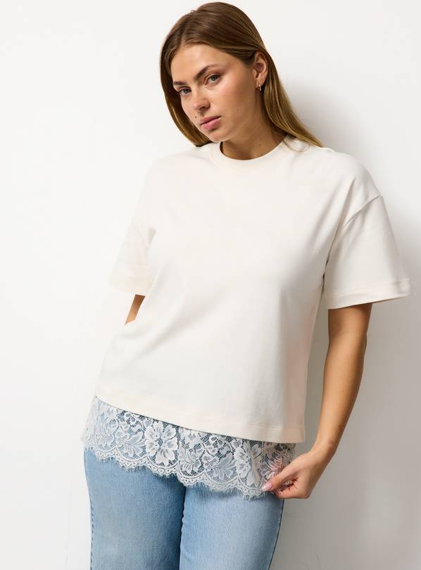 Cream Oversized Lace Hem Short Sleeve Top XL