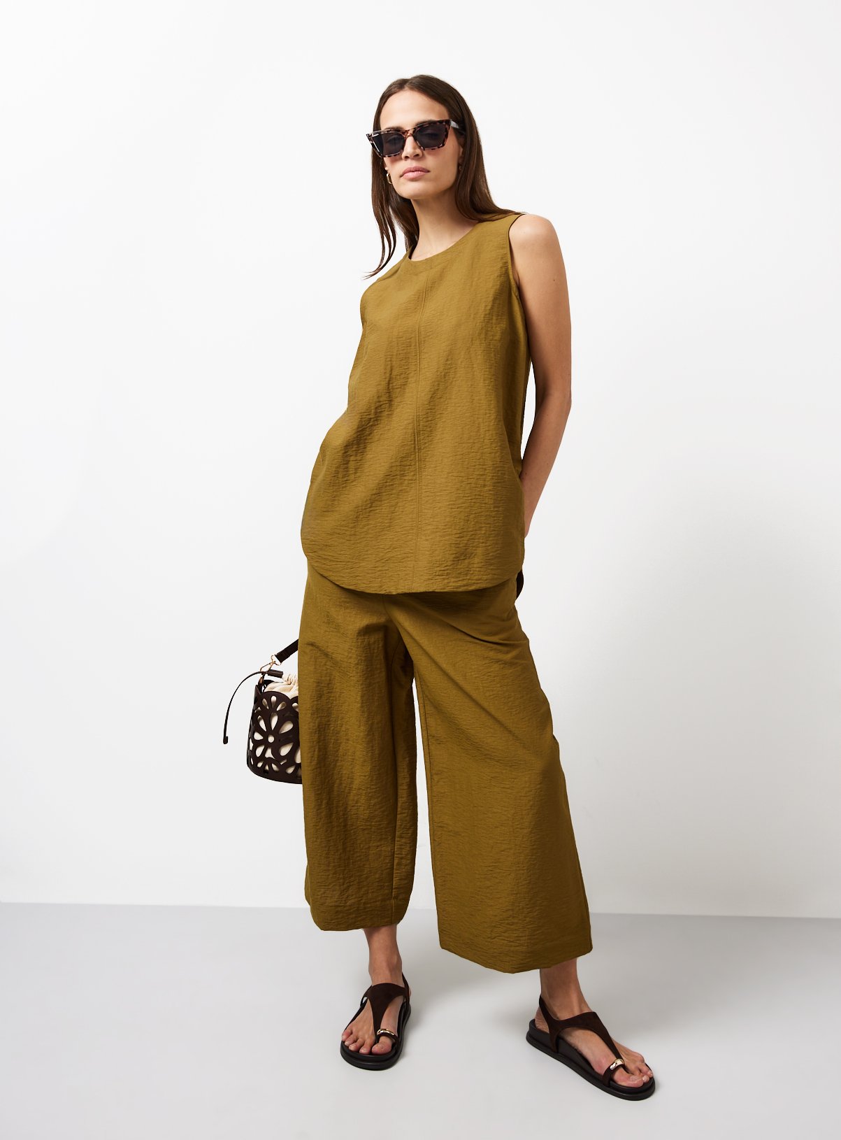 Khaki Cropped Palazzo Leg Co-ord Culottes S - Image 2 thumbnail