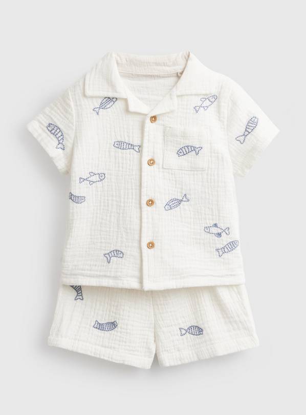 White Sardine Print Shirt & Shorts Set Up to 3 mths