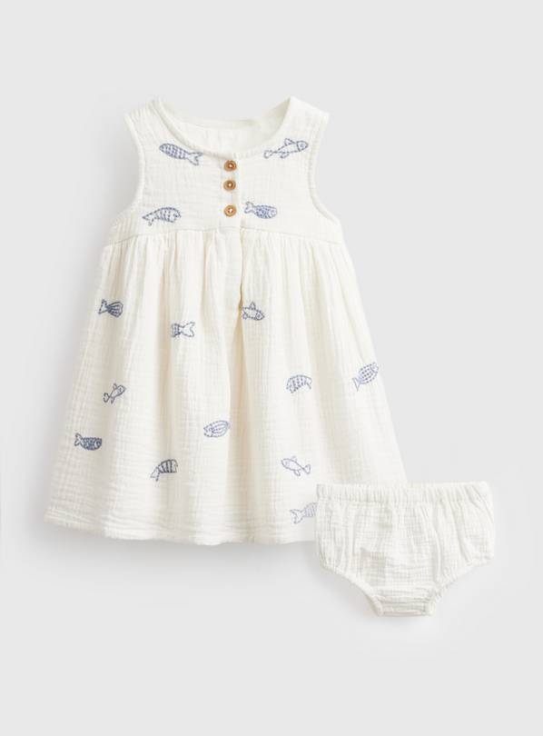 White Sardine Print Dress & Knickers Set 6-9 months