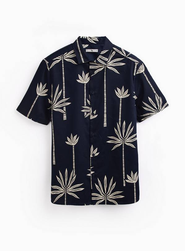 Black Palm Tree Print Satin Short Sleeve Shirt L