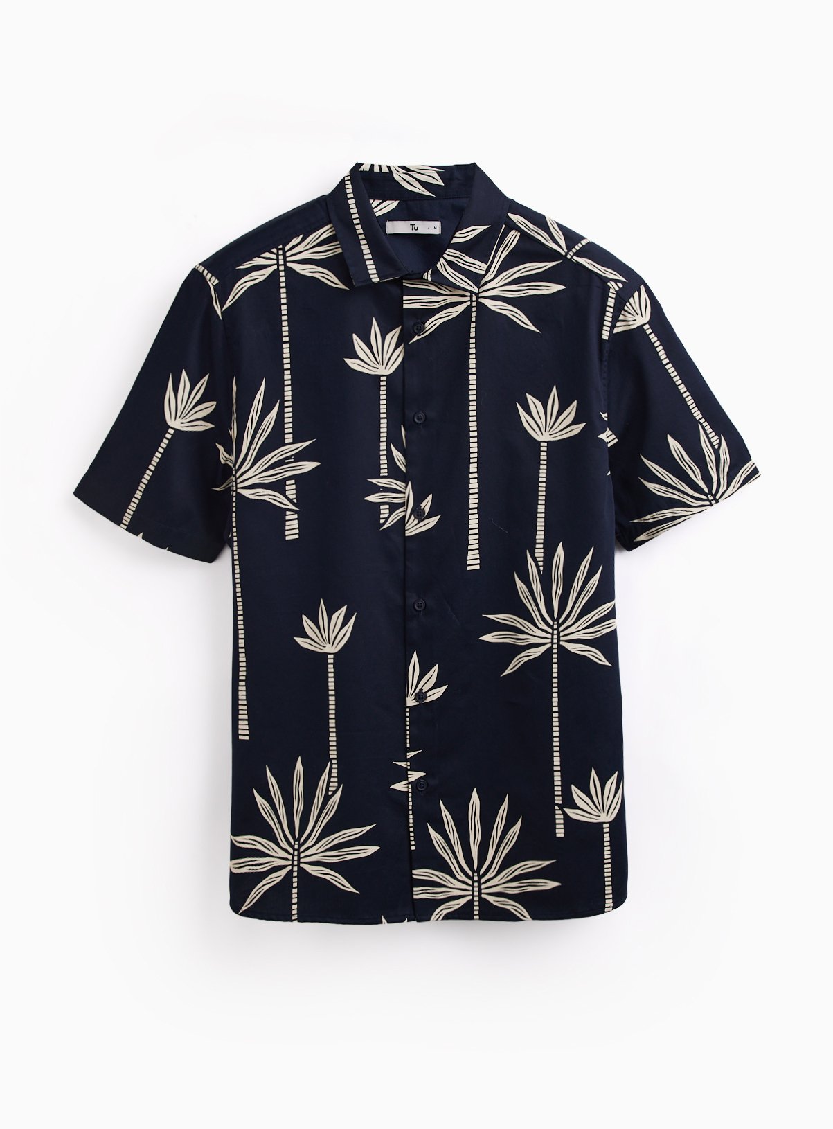 Navy Palm Tree Print Satin Short Sleeve Shirt XXXL - Image 3 thumbnail