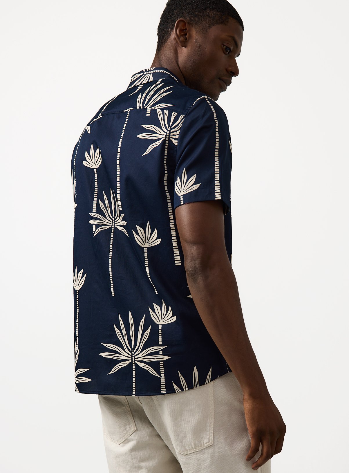 Navy Palm Tree Print Satin Short Sleeve Shirt XXXL - Image 5 thumbnail