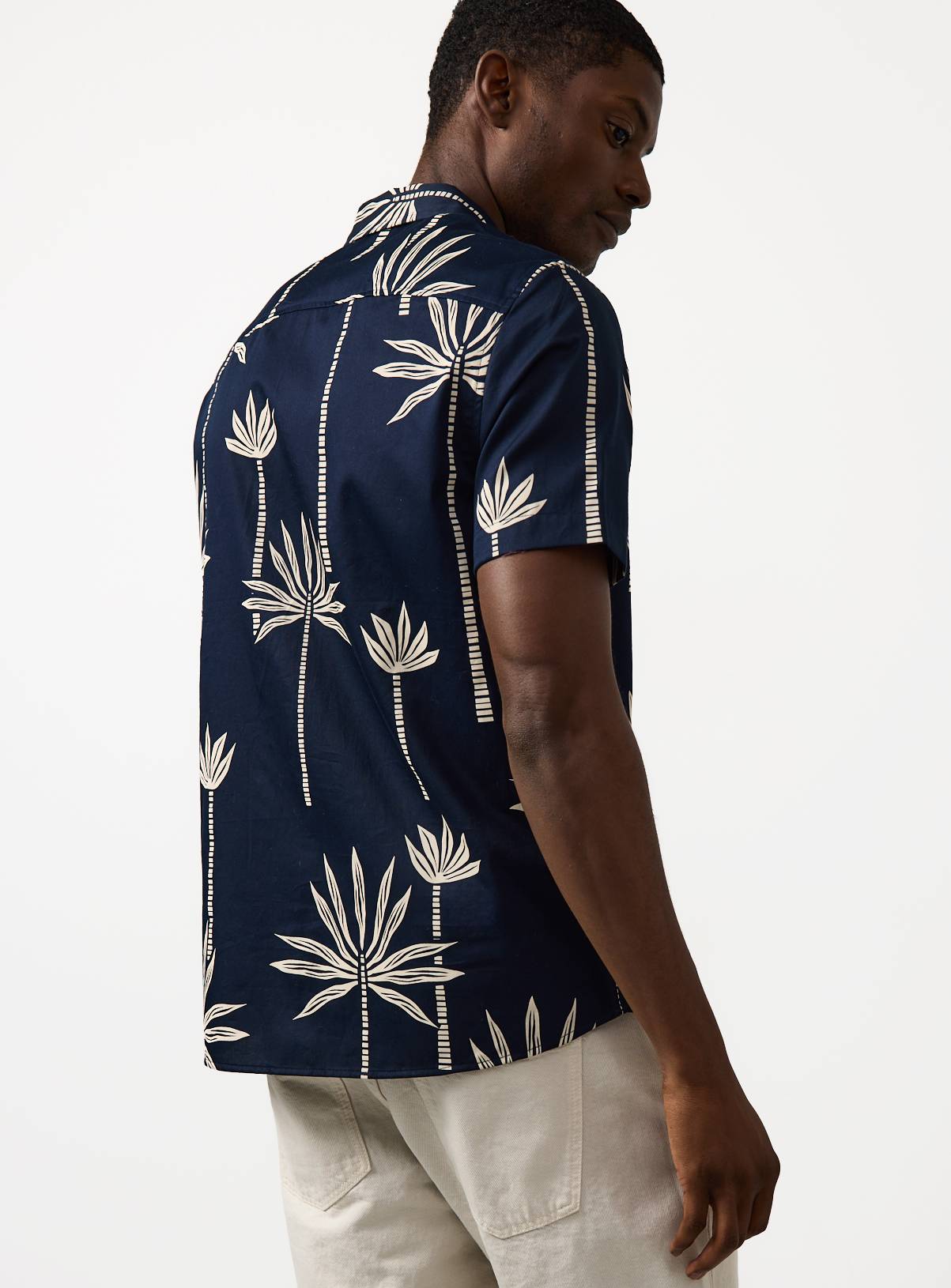 Navy Palm Tree Print Satin Short Sleeve Shirt XXXL - Image 5