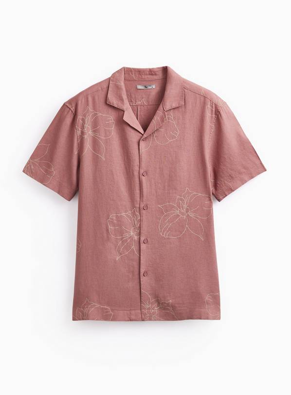 Brown Floral Print Linen Blend Revere Neck Shirt L