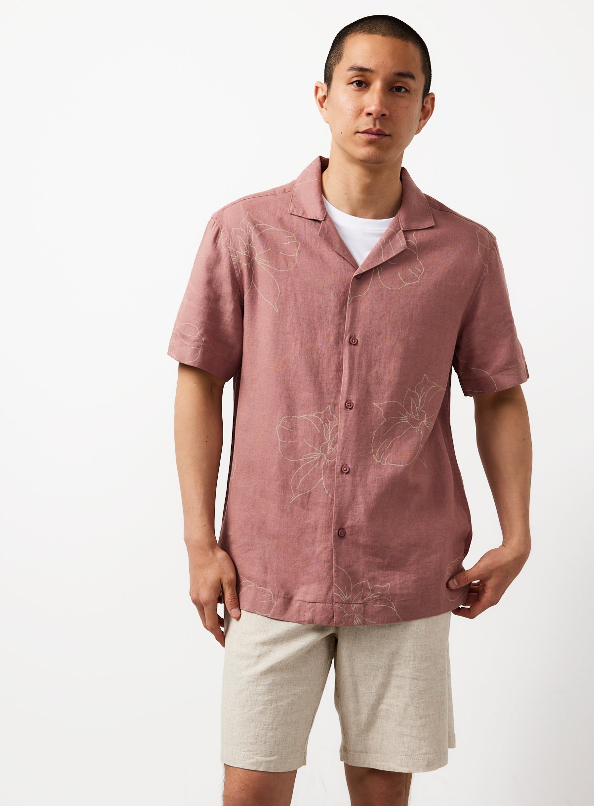 Brown Floral Print Linen Blend Revere Neck Shirt L - Image 2 thumbnail