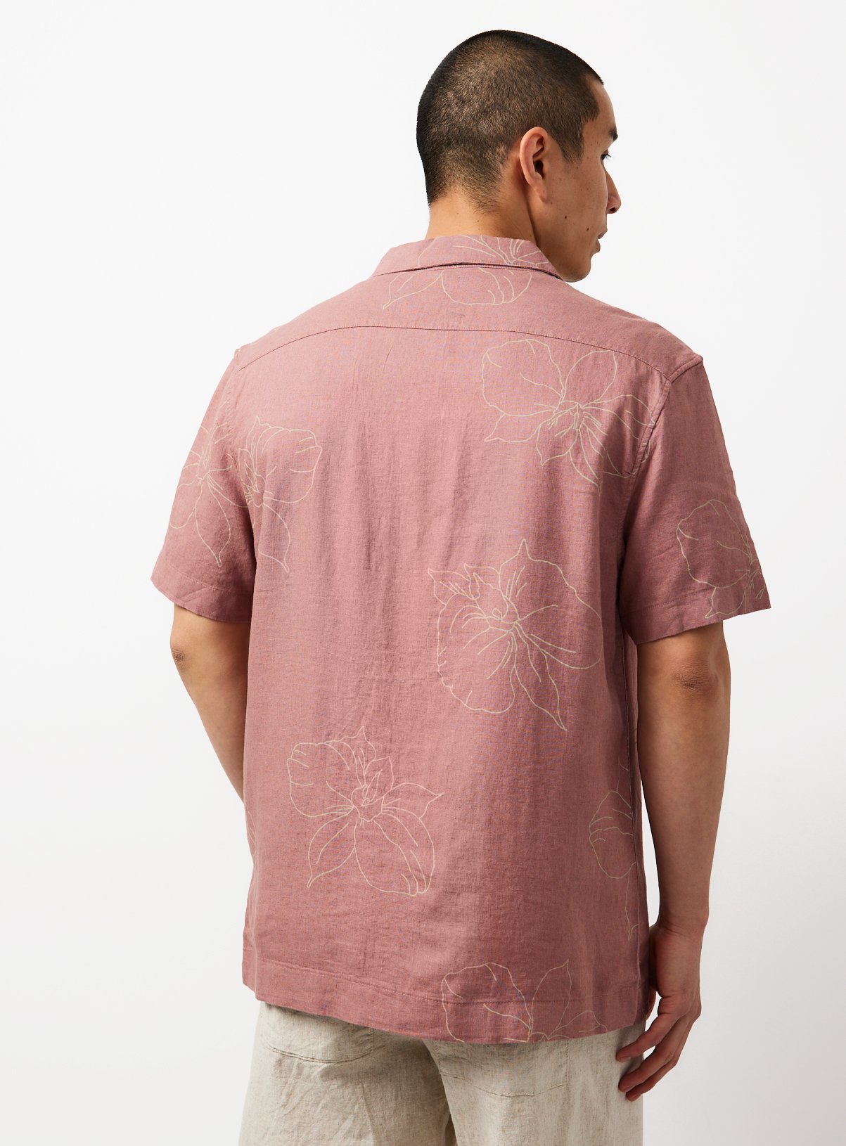 Brown Floral Print Linen Blend Revere Neck Shirt L - Image 5 thumbnail