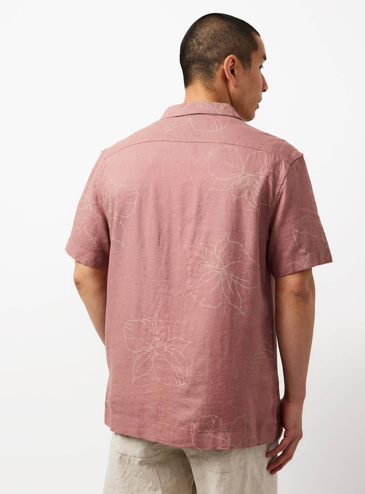 Brown Floral Print Linen Blend Revere Neck Shirt L - Image 5