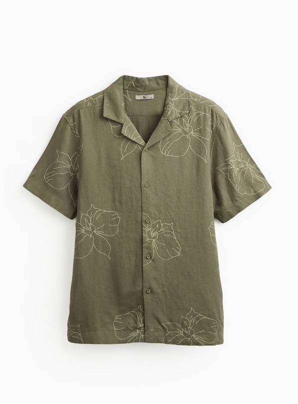 Khaki Floral Print Linen Blend Revere Neck Shirt XXXL