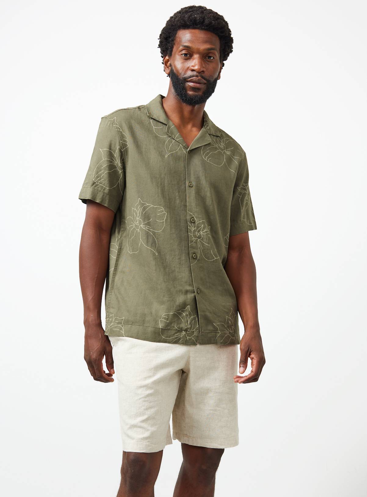 Khaki Floral Print Linen Blend Revere Neck Shirt S - Image 1