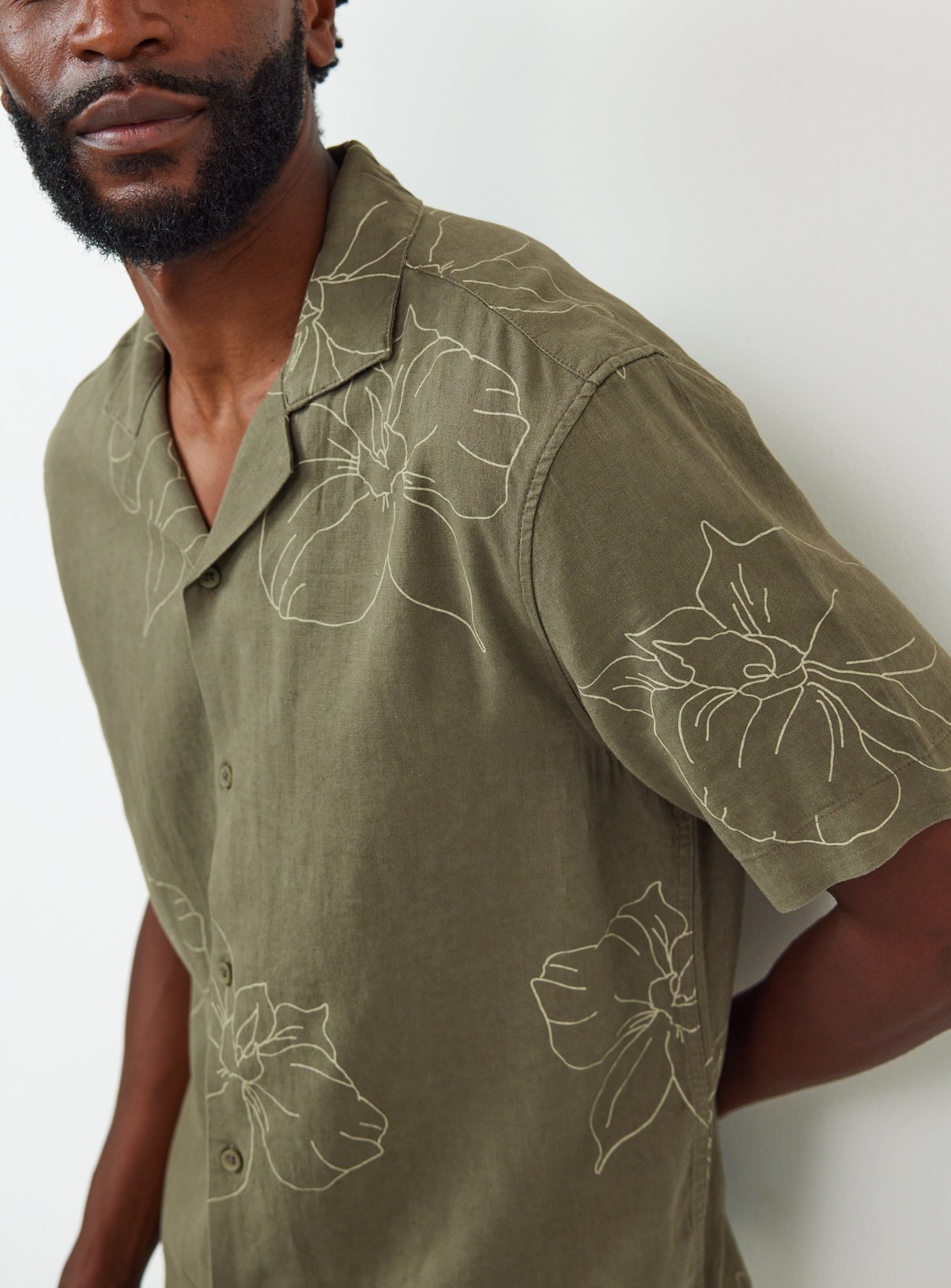 Khaki Floral Print Linen Blend Revere Neck Shirt S - Image 2 thumbnail