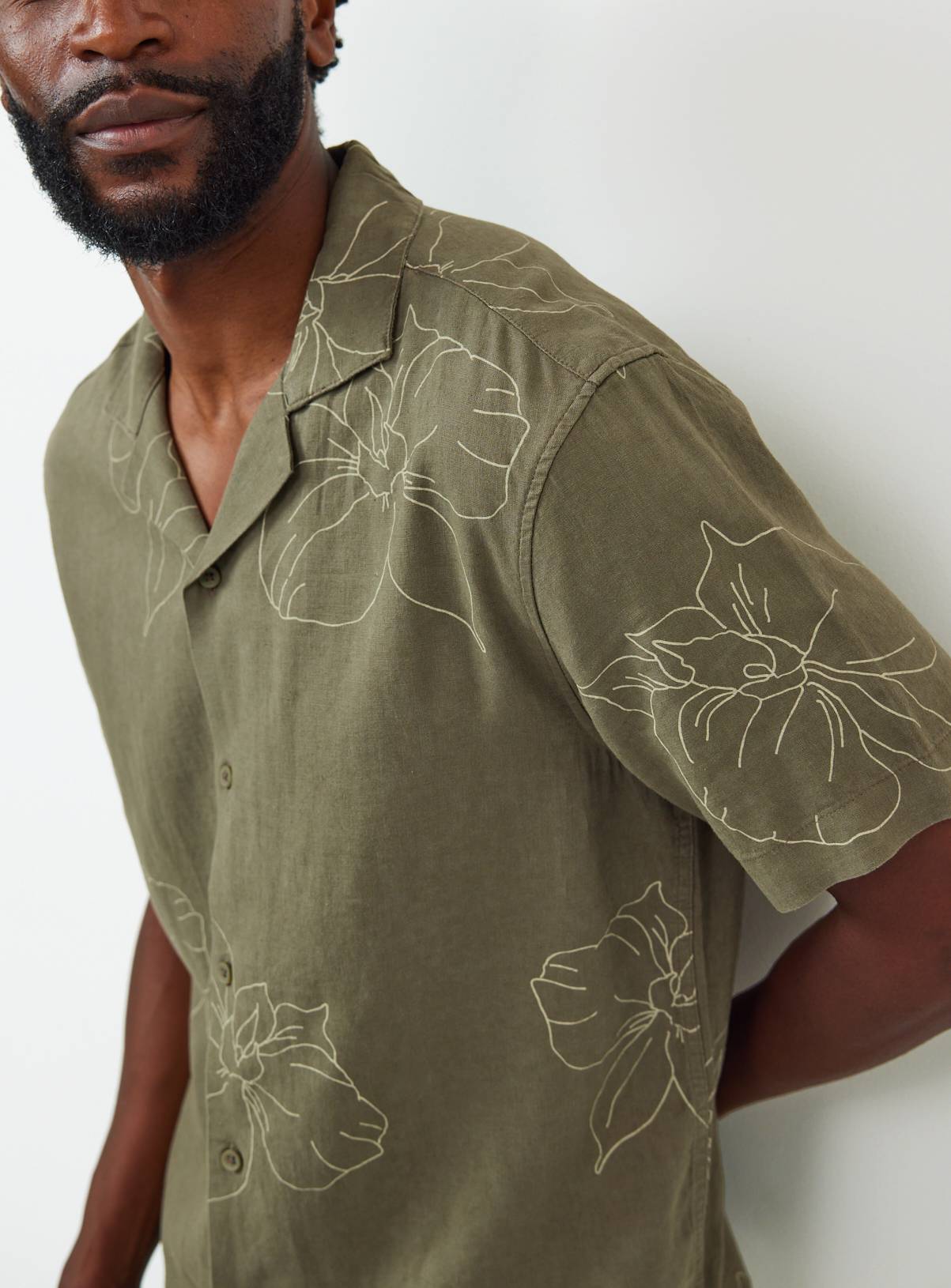 Khaki Floral Print Linen Blend Revere Neck Shirt S - Image 2