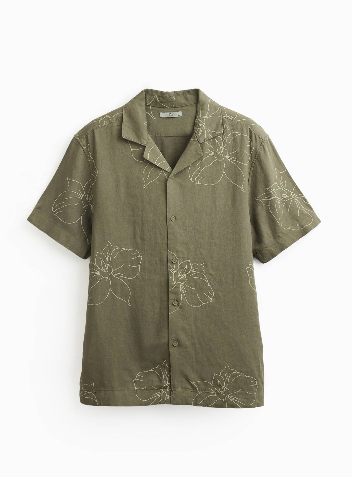 Khaki Floral Print Linen Blend Revere Neck Shirt S - Image 3