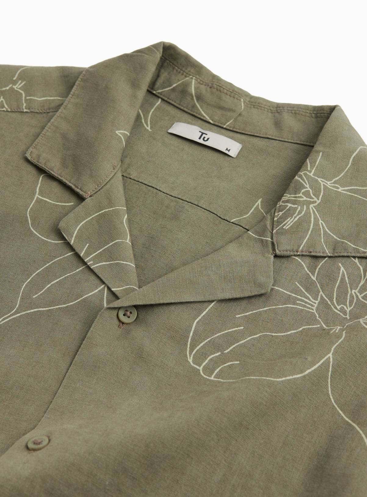 Khaki Floral Print Linen Blend Revere Neck Shirt S - Image 4