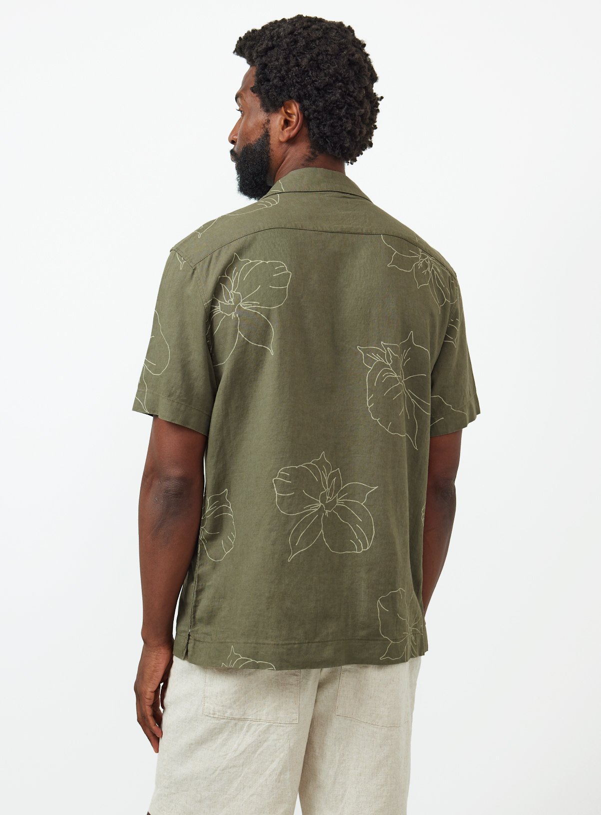 Khaki Floral Print Linen Blend Revere Neck Shirt S - Image 5 thumbnail