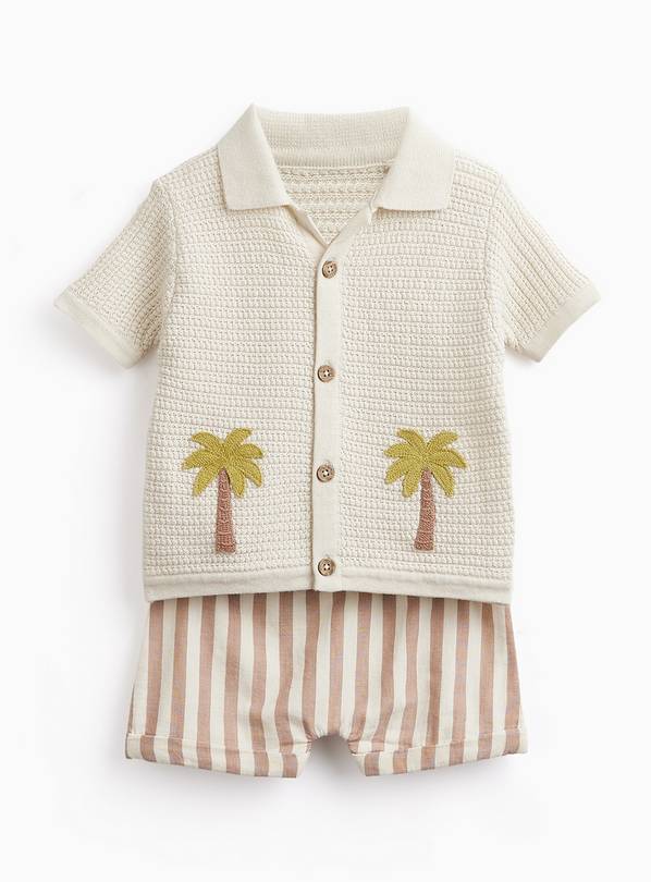 Cream Palm Tree Print Knitted Shirt & Shorts Set 3-6 months
