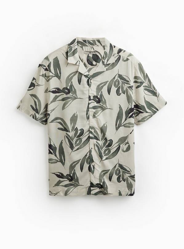White Olive Print Slub Fabric Revere Neck Shirt M