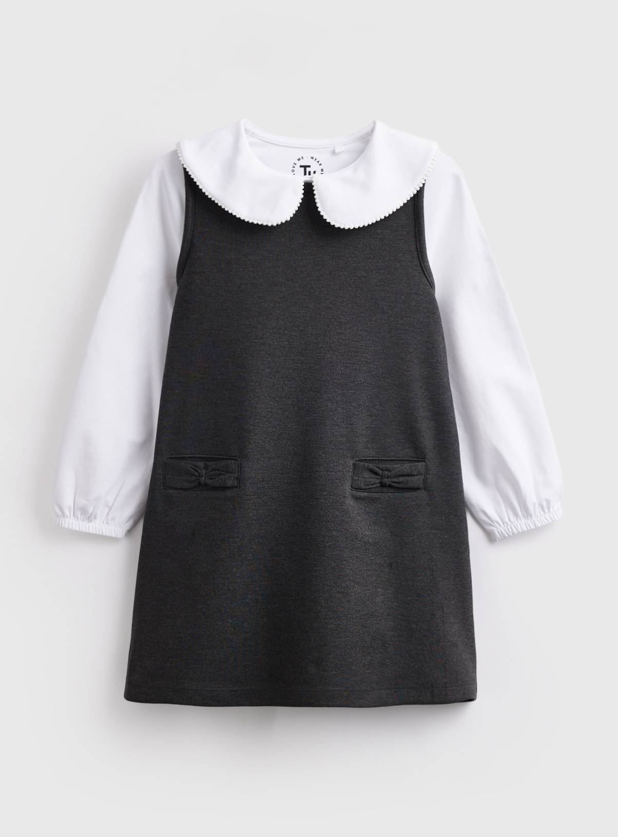 Grey Jersey Mock Collar Bow Pocket School Pinafore 11 years - Image 1