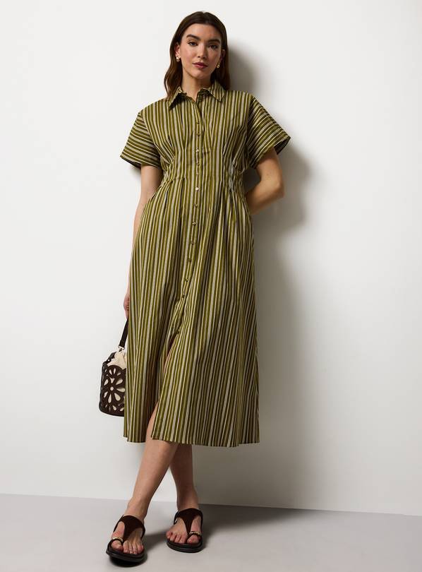 Khaki Striped Pleated Waist Midi Shirt Dress 8