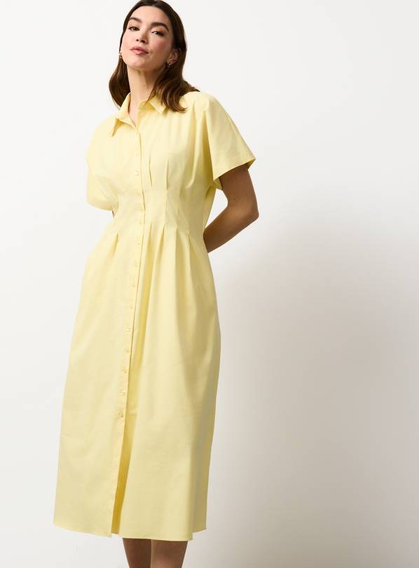 Yellow Pleated Waist Midi Shirt Dress 24