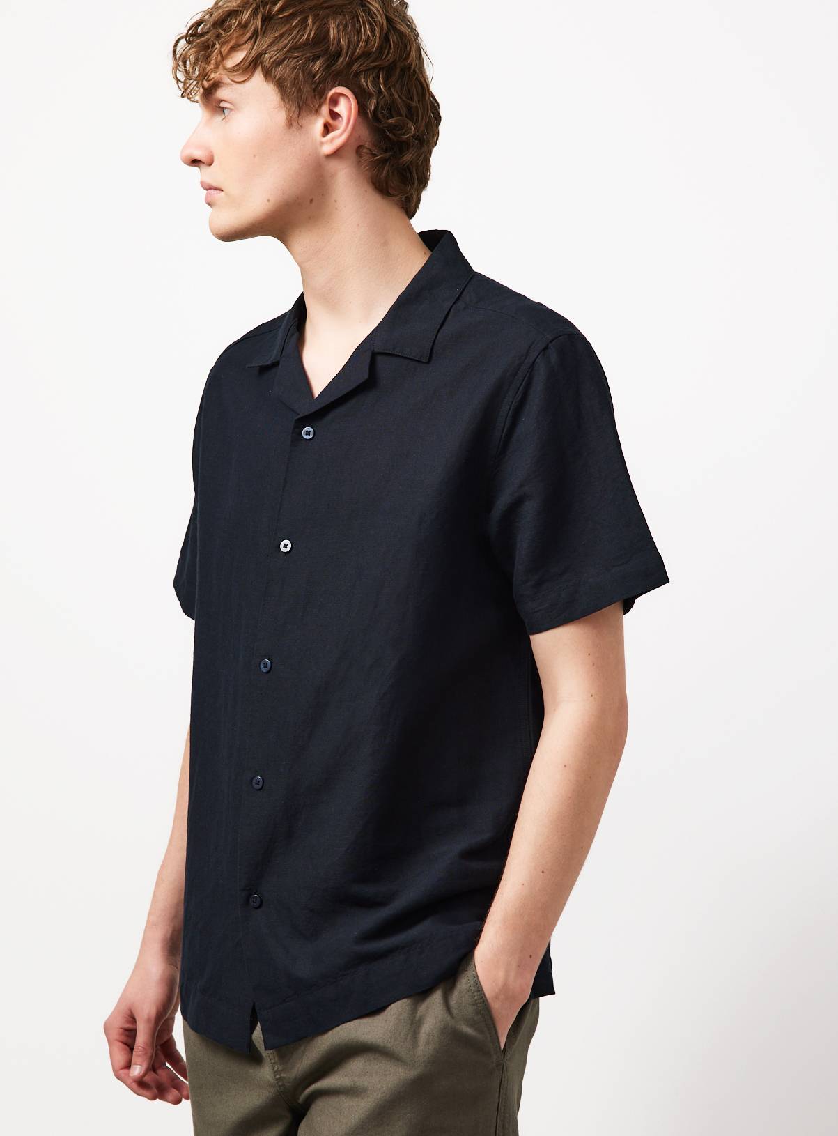 Black Linen Blend Revere Shirt M - Image 1