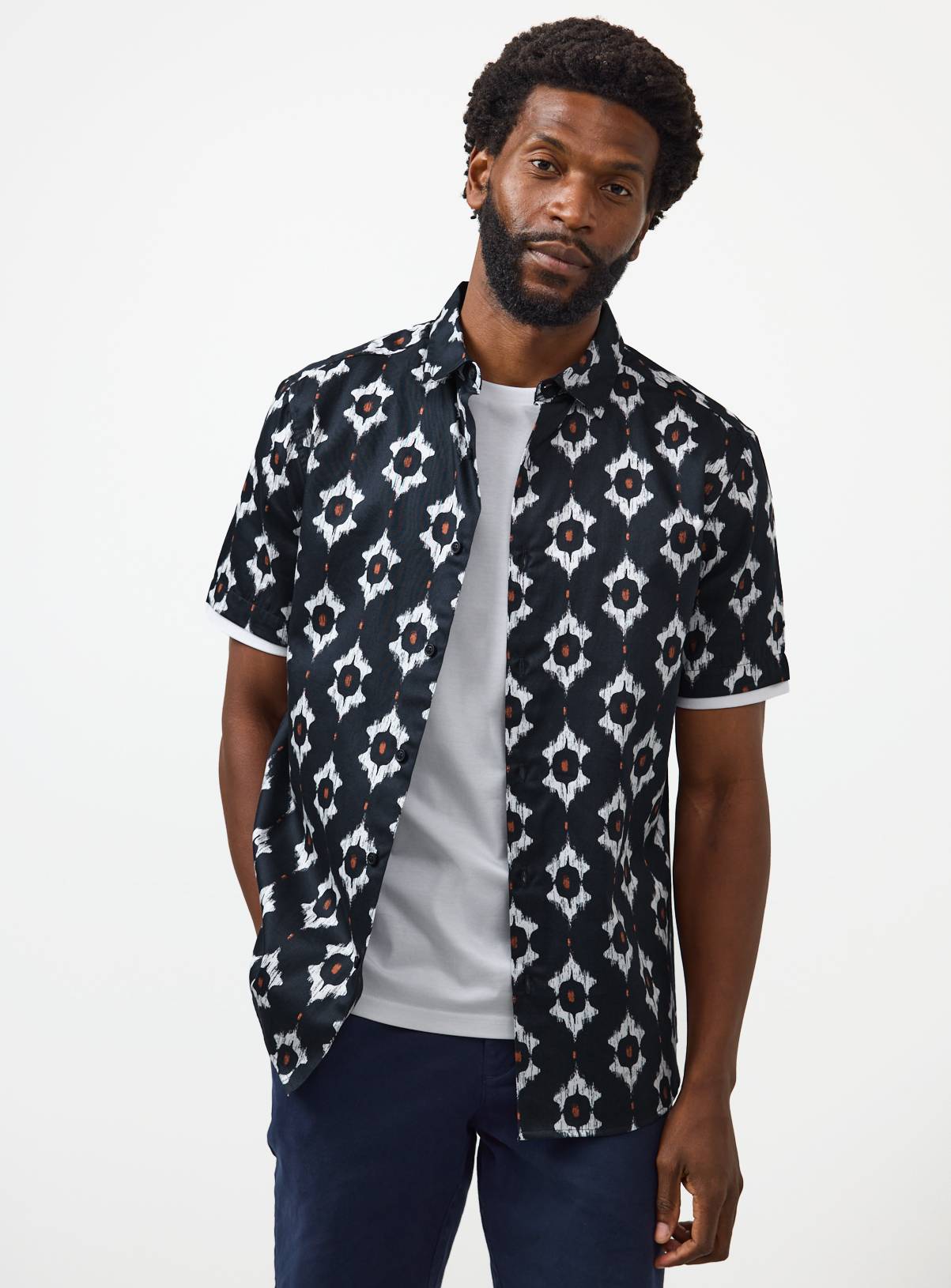 Navy Ikat Print Satin Shirt XL - Image 1