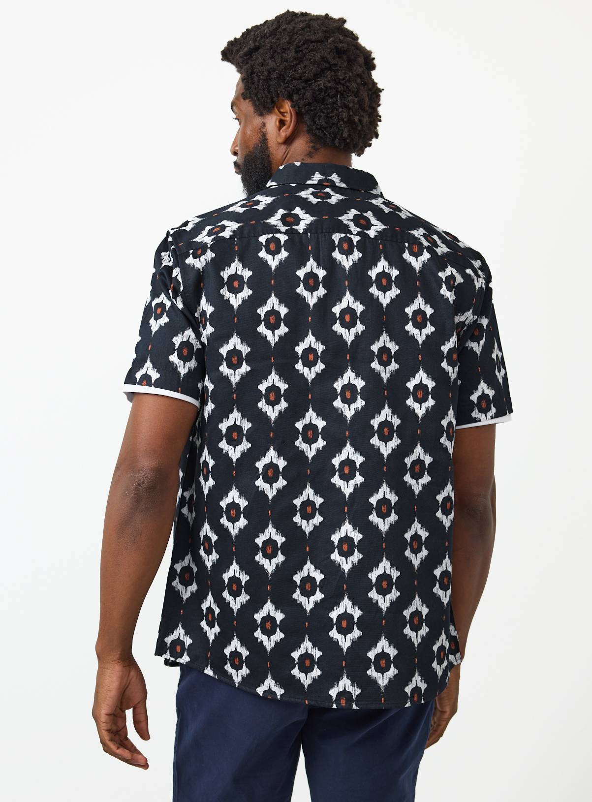 Navy Ikat Print Satin Shirt XL - Image 5
