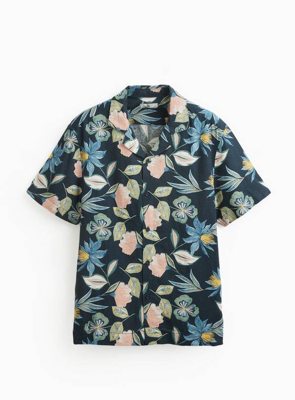 Navy Floral Print Linen Blend Revere Shirt XL